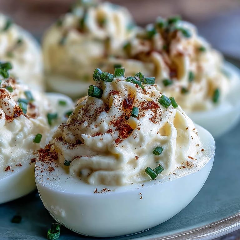 Close-up of creamy Million Dollar Deviled Eggs with a tangy filling, served on a white plate.