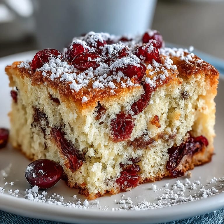 Cranberry Orange Breakfast Cake on a wooden board, dusted with powdered sugar, perfect for a cozy brunch serving.