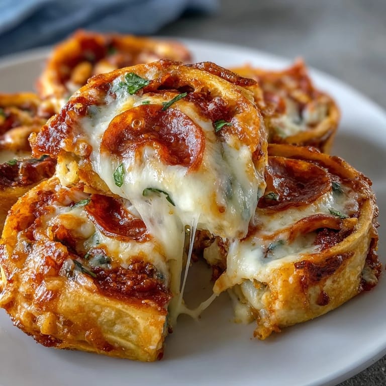 Golden Tortilla Pizza Rolls are sliced open to show a gooey mozzarella pull and vibrant bell peppers on a white plate.