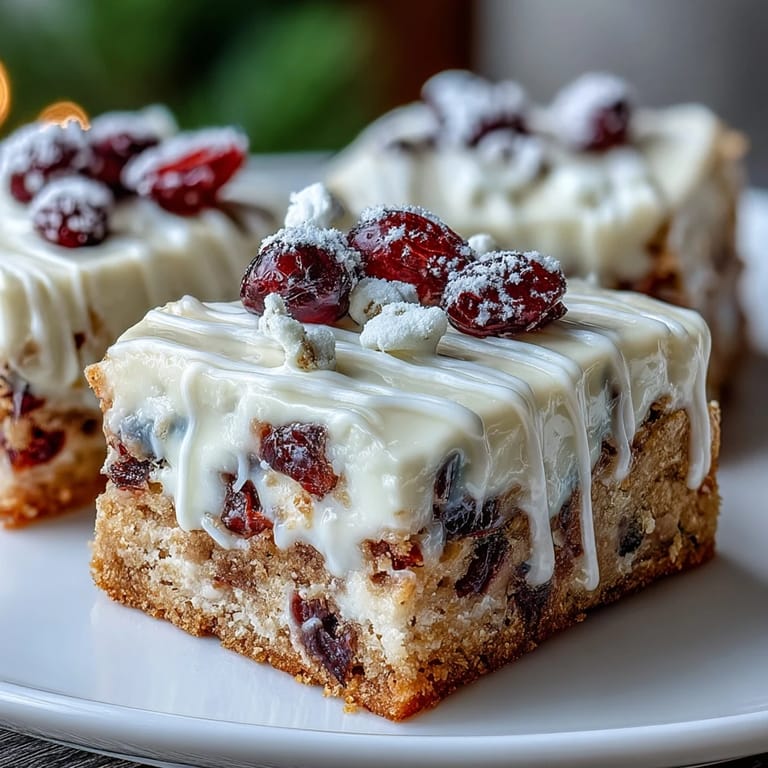 Plated Cranberry Bliss Bars with a glass of milk, perfect for holiday dessert trays or afternoon coffee treats.