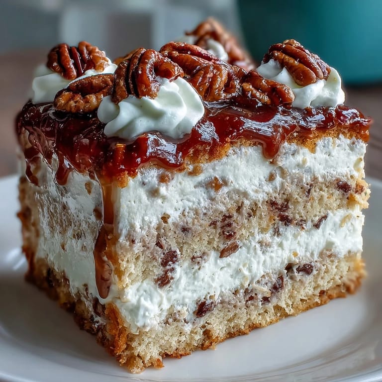 Slices of Butter Pecan Tres Leches Cake revealing moist layers, garnished with toasted pecans and fluffy cream.