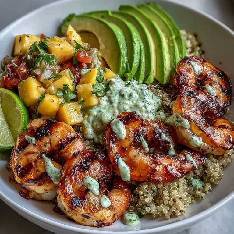 Grilled Fresh Shrimp and Creamy Avocado Bowls with Zesty Mango Salsa and Lime Chili Sauce served over quinoa with lime wedges for dinner.