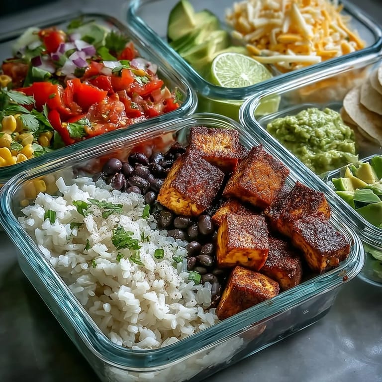 Colorful Meal Prep Burrito Bowl Base components arranged for meal prep, featuring sautéed tofu, chopped lettuce, and zesty lime wedges on the side.