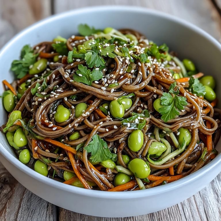 Chewy buckwheat noodles in a vibrant Soba Noodle Bowl, tossed with colorful vegetables and a savory sesame sauce for a refreshing lunch.