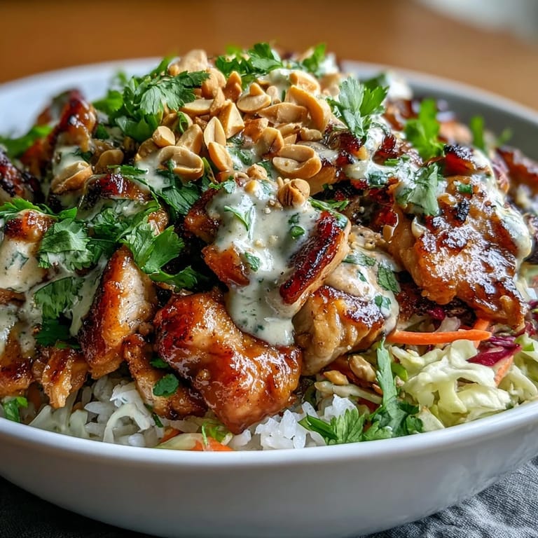 Forkful of juicy chicken from a Peanut Chicken Protein Bowl, drizzled with creamy Thai-inspired peanut sauce and fresh cilantro.