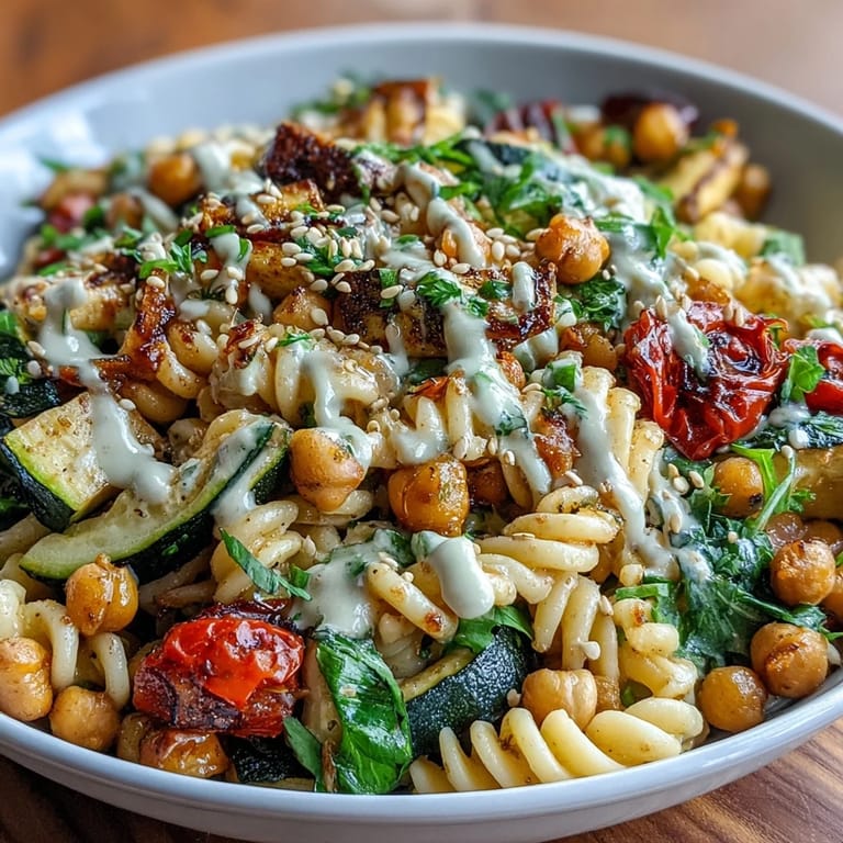 Tossing the roasted Chickpea Pasta Bowl with a drizzle of lemony tahini sauce for a nutritious vegan meal.