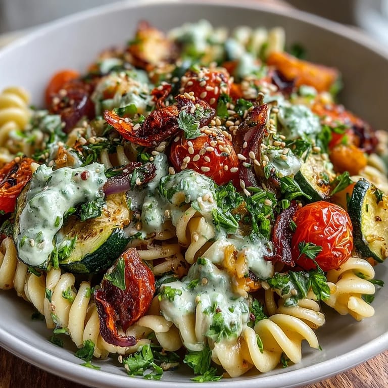 A close-up of a warm Chickpea Pasta Bowl featuring chickpea pasta, caramelized vegetables, and a creamy tahini drizzle.