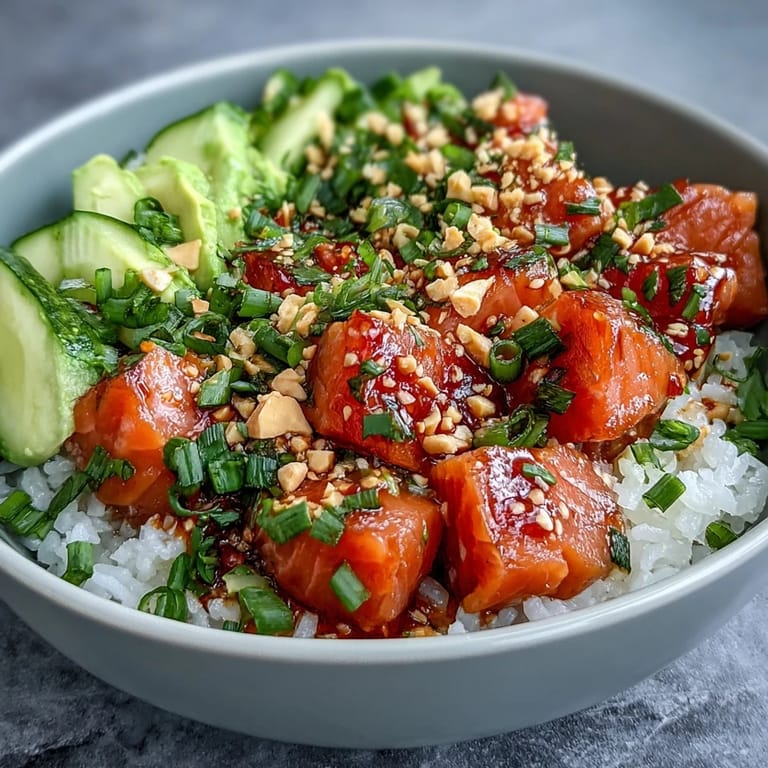 Ready-to-serve Avocado Salmon Bowl garnished with sesame seeds, nori, and lime wedges, perfect for a healthy fusion dinner.