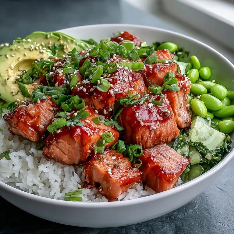A close-up view of a freshly assembled Salmon Rice Bowl, showcasing tender salmon, bright green edamame, and creamy avocado on warm jasmine rice.