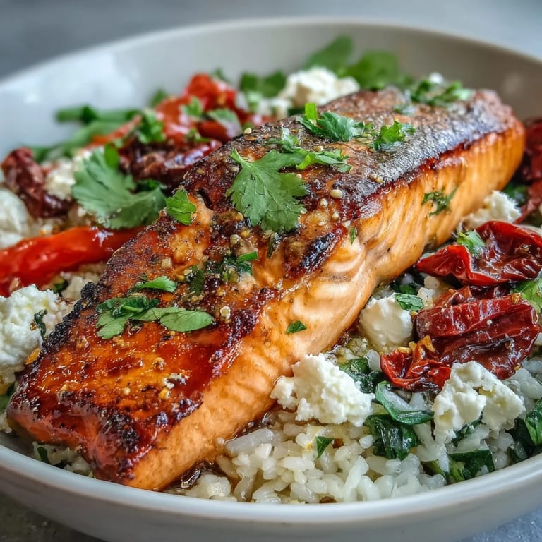 Golden salmon perched on crispy rice in a Mediterranean Salmon Bowl, with sun-dried tomatoes and lemon wedges for serving.