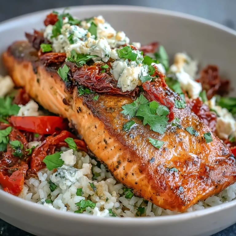 A fork poised over a vibrant Mediterranean Salmon Bowl, featuring flaky fish, fresh veggies, and creamy feta cheese.