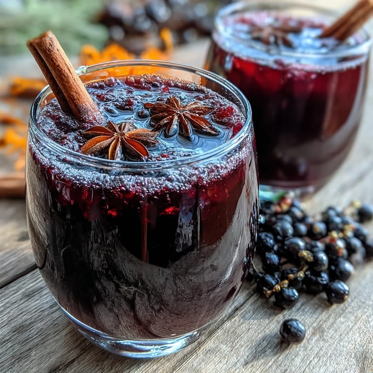 Deep purple Homemade Spiced Blackcurrant Vodka Liqueur is poured over ice with a cinnamon stick garnish. 