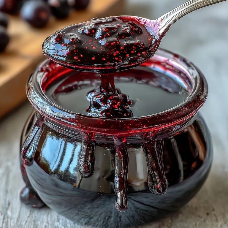 Rich, vibrant Black Currant Syrup poured over a scoop of vanilla ice cream.