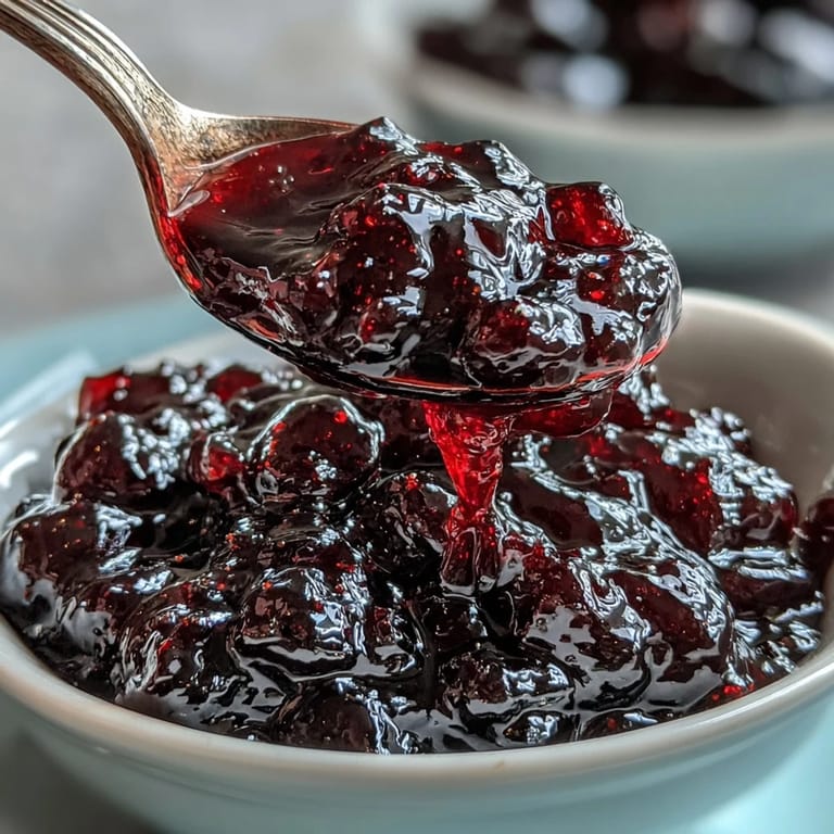A clear glass jar filled with Black Currant Jelly sits on a rustic table, showcasing its jewel-toned color and smooth texture.