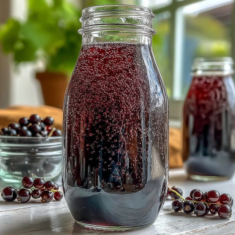A chilled glass of fizzy Black Currant Shrub mixed with sparkling water, garnished with fresh black currants.