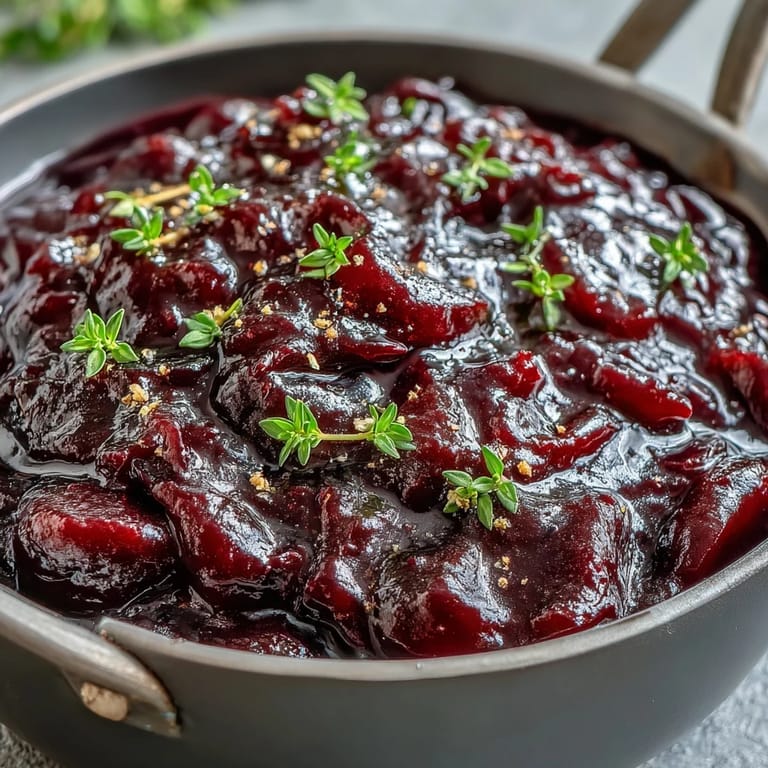 A small jar of deep purple Black Currant Glaze served with roasted root vegetables