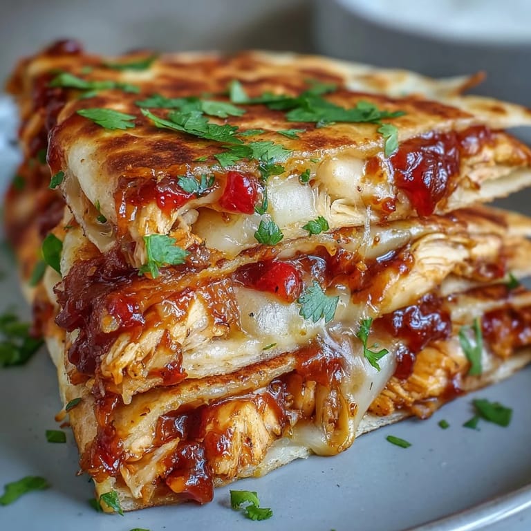 Close-up of Hot Honey BBQ Chicken Quesadillas showing melted cheddar and mozzarella cheese inside a golden, toasted tortilla.