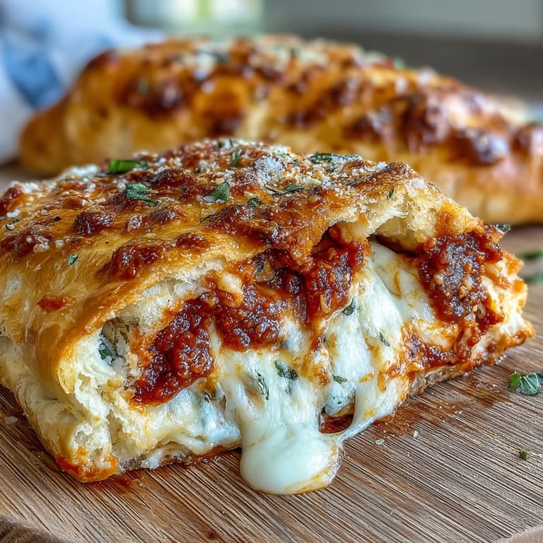 Two flaky High Protein Pizza Hot Packets on a rustic wooden board, steam rising from the savory filling.
