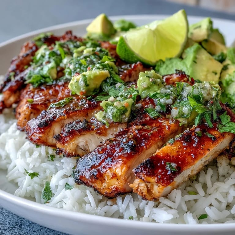 Overhead view of Tangy Honey Lime Chicken & Avocado Rice Stack layered with jasmine rice and cilantro.