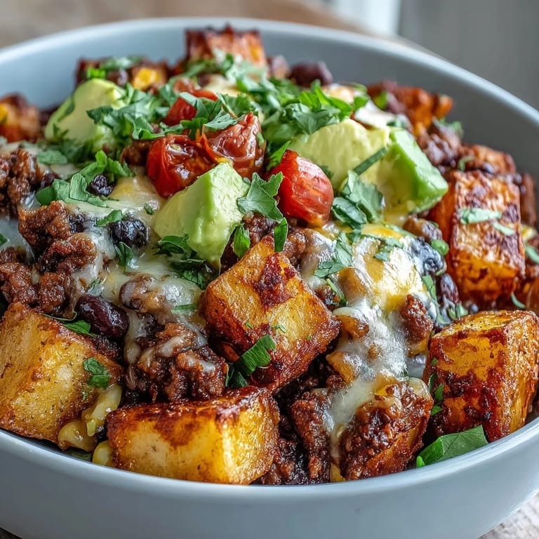 Hearty Loaded Potato Taco Bowl served with creamy sour cream and a fork, ready for a delicious, protein-packed family dinner.
