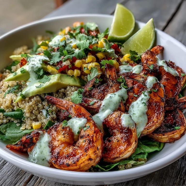 A fresh, vibrant Grilled Shrimp Bowl with corn salsa, avocado, and creamy garlic sauce garnished with cilantro.