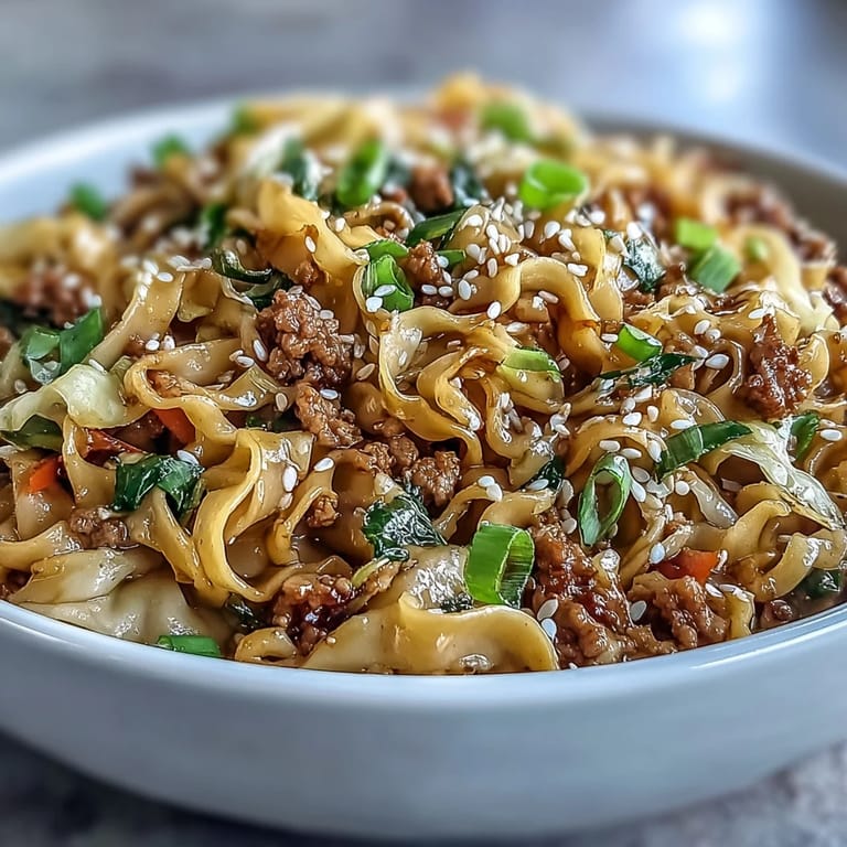 A quick Creamy Potsticker Noodle Stir-Fry with sautéed turkey, crunchy coleslaw mix, and noodles tossed in a creamy peanut-sesame sauce.