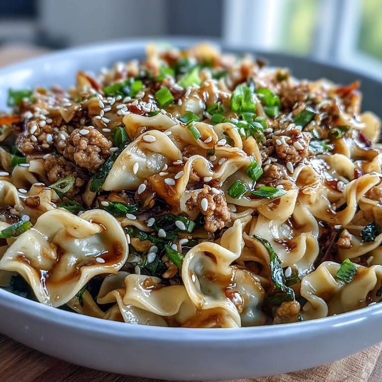 Golden noodles and turkey in Creamy Potsticker Noodle Stir-Fry are garnished with scallions and chili crisp for a spicy, weeknight-friendly finish.