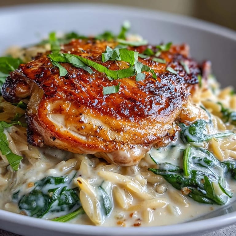Steaming One-Pot Creamy Garlic Parmesan Chicken Orzo topped with fresh parsley and wilted spinach.