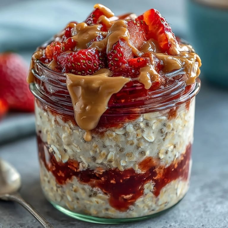 A close-up of High-Protein Peanut Butter & Jelly Overnight Oats topped with sliced strawberries and a peanut butter drizzle.