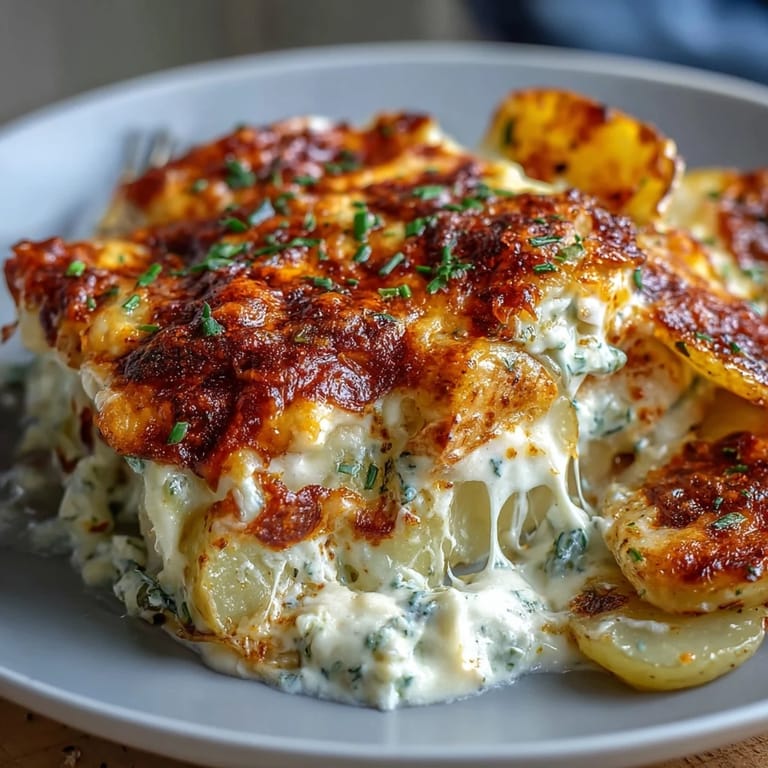 A spoon lifts a portion of the bubbling Ranch Chicken Potato Bake from a 9x13 casserole dish.