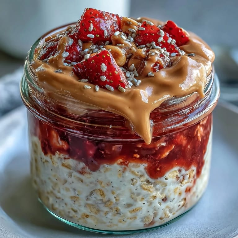 A close-up of layered peanut butter and jelly overnight oats with vanilla protein, fresh strawberries, and a hearty spoon ready.