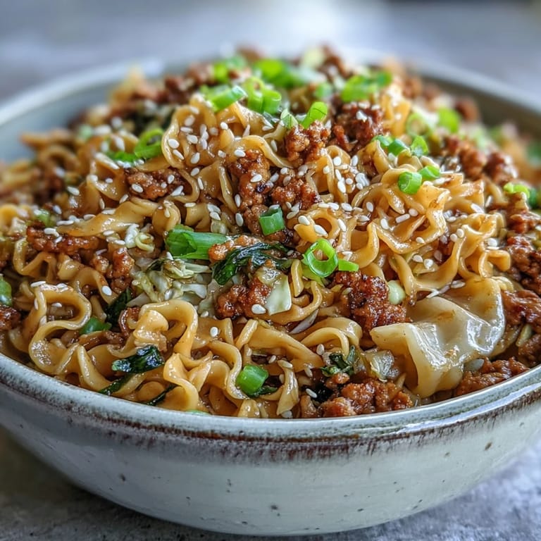 A steaming bowl of Creamy Potsticker Noodle Stir-Fry garnished with sesame seeds and fresh green onions, served for dinner. 