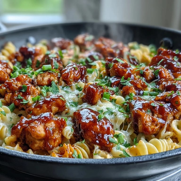 A serving of Sticky Honey BBQ Chicken Pasta Skillet topped with fresh sliced green onions, paired with a crisp green salad on a wooden table for a complete meal.