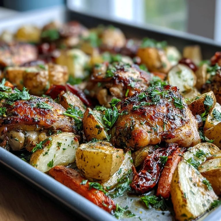Golden Crispy Ranch Sheet Pan Chicken & Veggies served hot from the oven on a dark sheet pan, ready to eat.