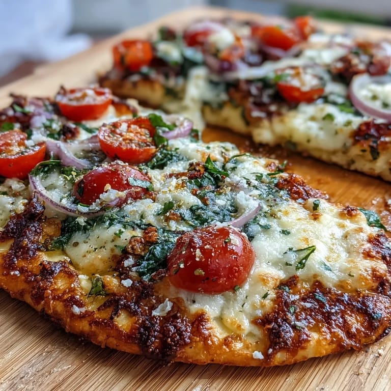 Ready-to-eat Crispy Garlic Parmesan Naan Pizza slices on a plate, garnished with fresh spinach and red onion.