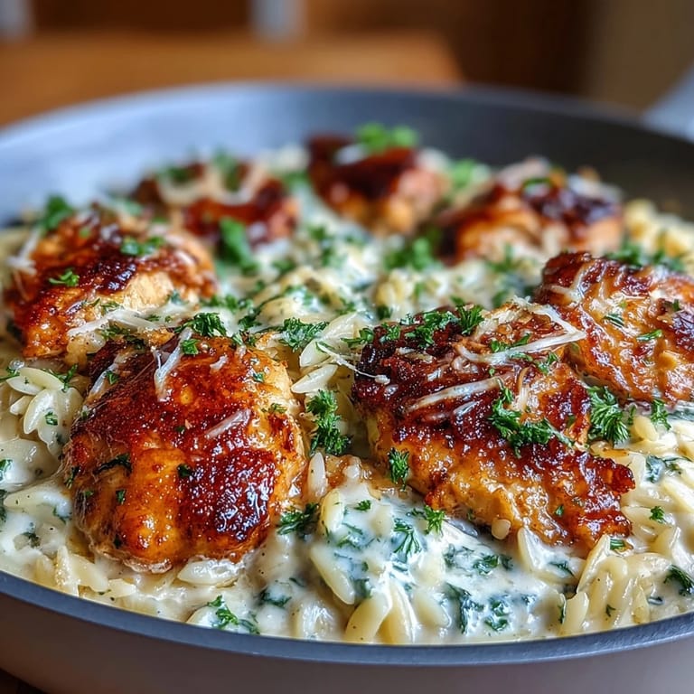 A close-up view shows tender orzo and juicy chicken pieces in a creamy sauce, garnished with chopped parsley.