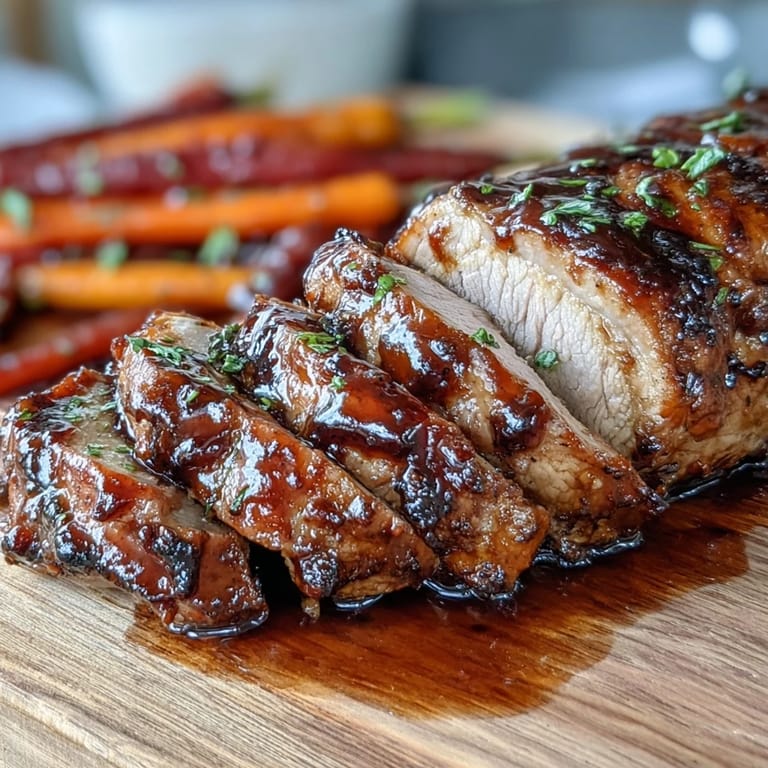 Golden, caramelized One-Pan Honey Balsamic Pork Tenderloin with Rainbow Carrots glazed and glistening on a baking sheet.