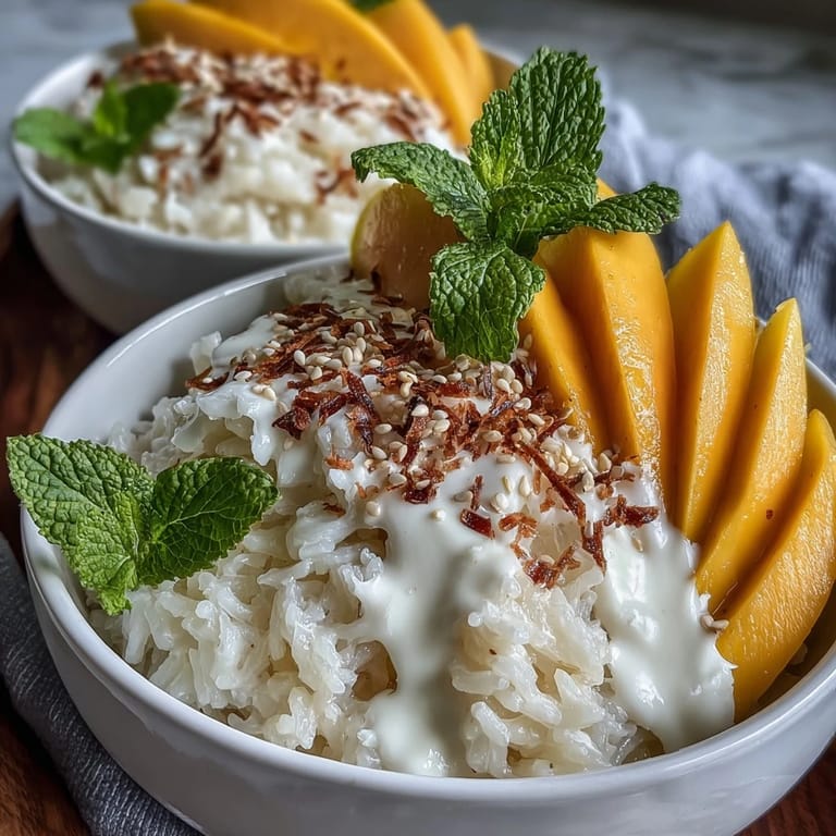 Close-up of Vegan Mango Sticky Rice Breakfast Bowls featuring fluffy sticky rice, juicy mango, and a luscious coconut drizzle.