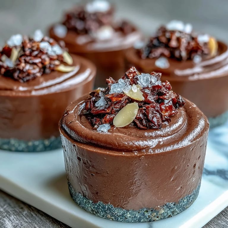Four Vegan Chocolate Avocado Mousse Cups with a dark chocolate hue, garnished with chopped almonds and a pinch of sea salt.
