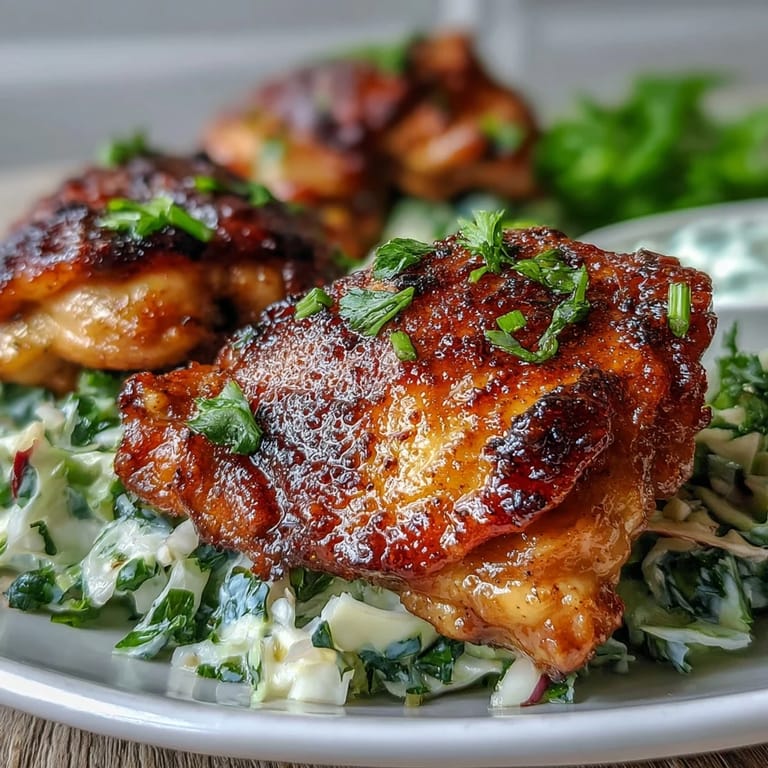 Four golden Keto Crispy Chicken Thighs topped with fresh parsley alongside a crunchy lemon butter cabbage slaw.