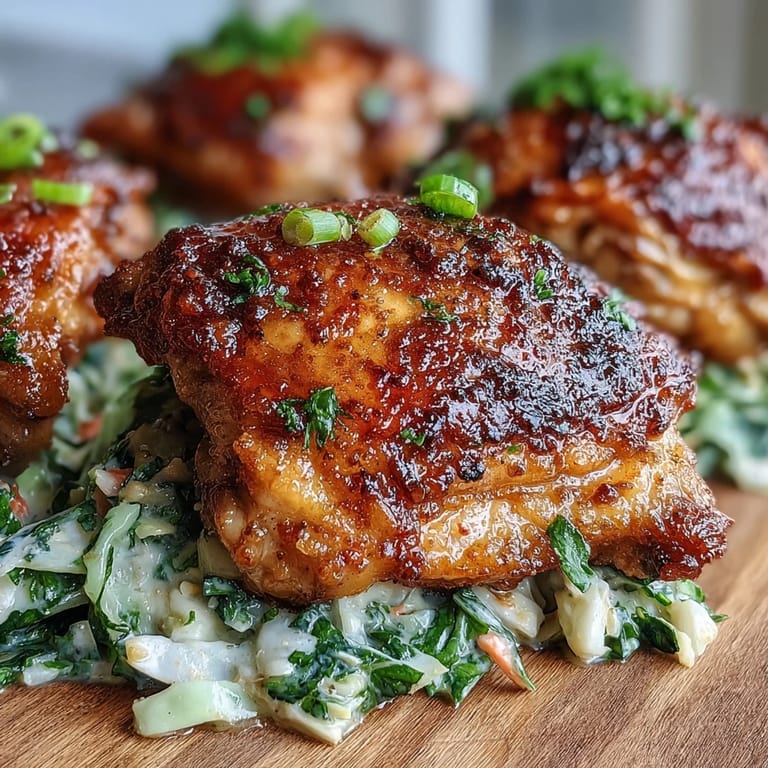 Juicy Keto Crispy Chicken Thighs paired with a tangy lemon butter cabbage slaw for a low-carb meal.