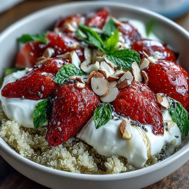 Healthy Strawberry Basil Breakfast Quinoa Bowl served with plant-based yogurt, chia seeds, and a side of fresh strawberries.