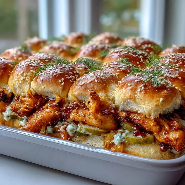 Inside a baking dish, golden slider buns hold juicy, saucy chicken tenders and cheese, showcasing the irresistible pull-apart texture of this Spicy Honey Butter Chicken Sandwich Bake.