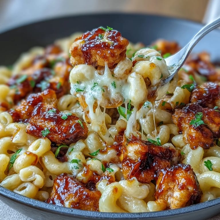 A fork lifts a cheesy bite from the skillet, showcasing the smoky, sweet sauce and perfectly cooked chicken.