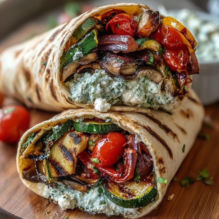 Overhead view of four Mediterranean Grilled Vegetable Wraps with Hummus and Feta on a rustic table.