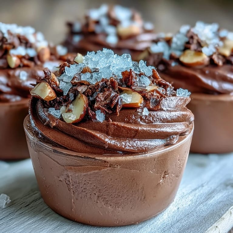 Four Vegan Chocolate Avocado Mousse Cups with a dark chocolate hue, garnished with chopped almonds and a pinch of sea salt.