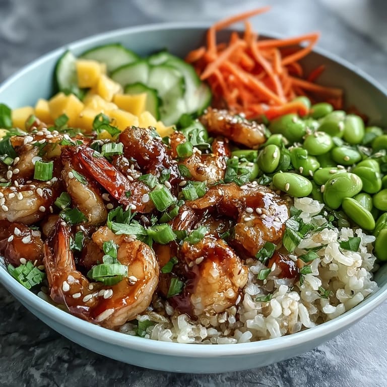 A fresh 20-Minute Shrimp Poke Bowl with Mango and Edamame, garnished with cilantro, scallions, and lime for serving.