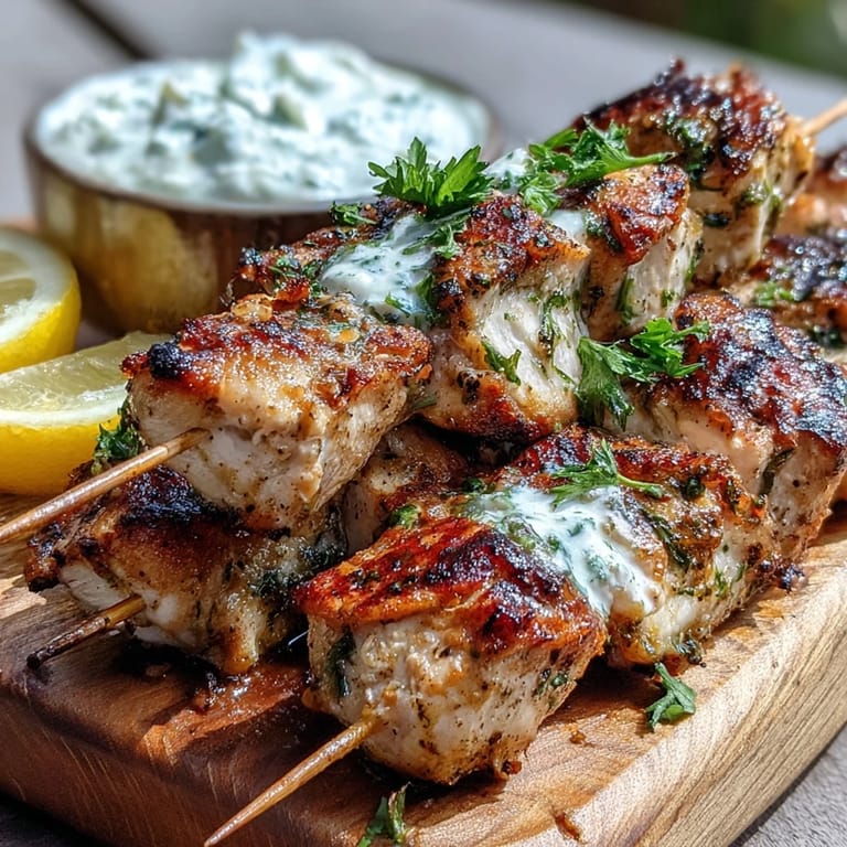 Freshly grilled Light Lemon Herb Chicken Skewers with Tzatziki and lemon wedges on a rustic serving board.