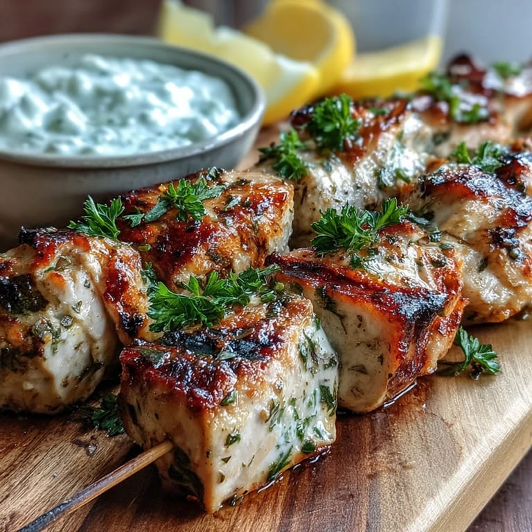 Stacked Light Lemon Herb Chicken Skewers with Tzatziki, garnished with dill and ready for a healthy dinner.