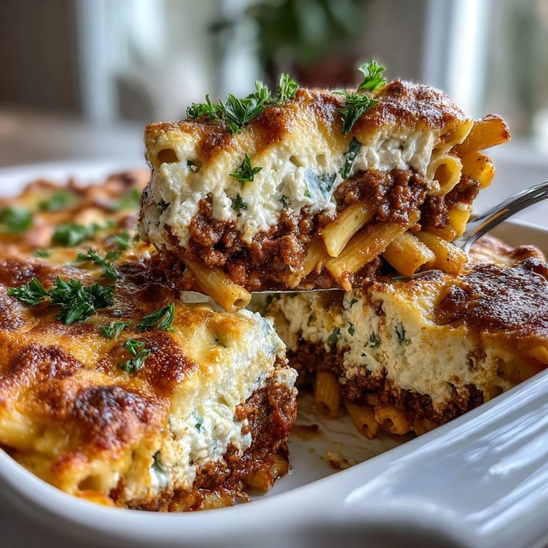 High-protein cottage cheese and lean ground beef pasta bake, topped with melted mozzarella and fresh parsley garnish.  